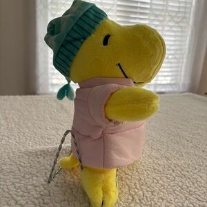 Peanuts Woodstock Winter Plush. Pink Puffer/Green Hat. NWT Fast Shipping